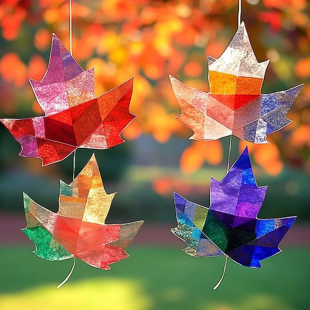 Colorful tissue paper leaf suncatchers hanging in a window