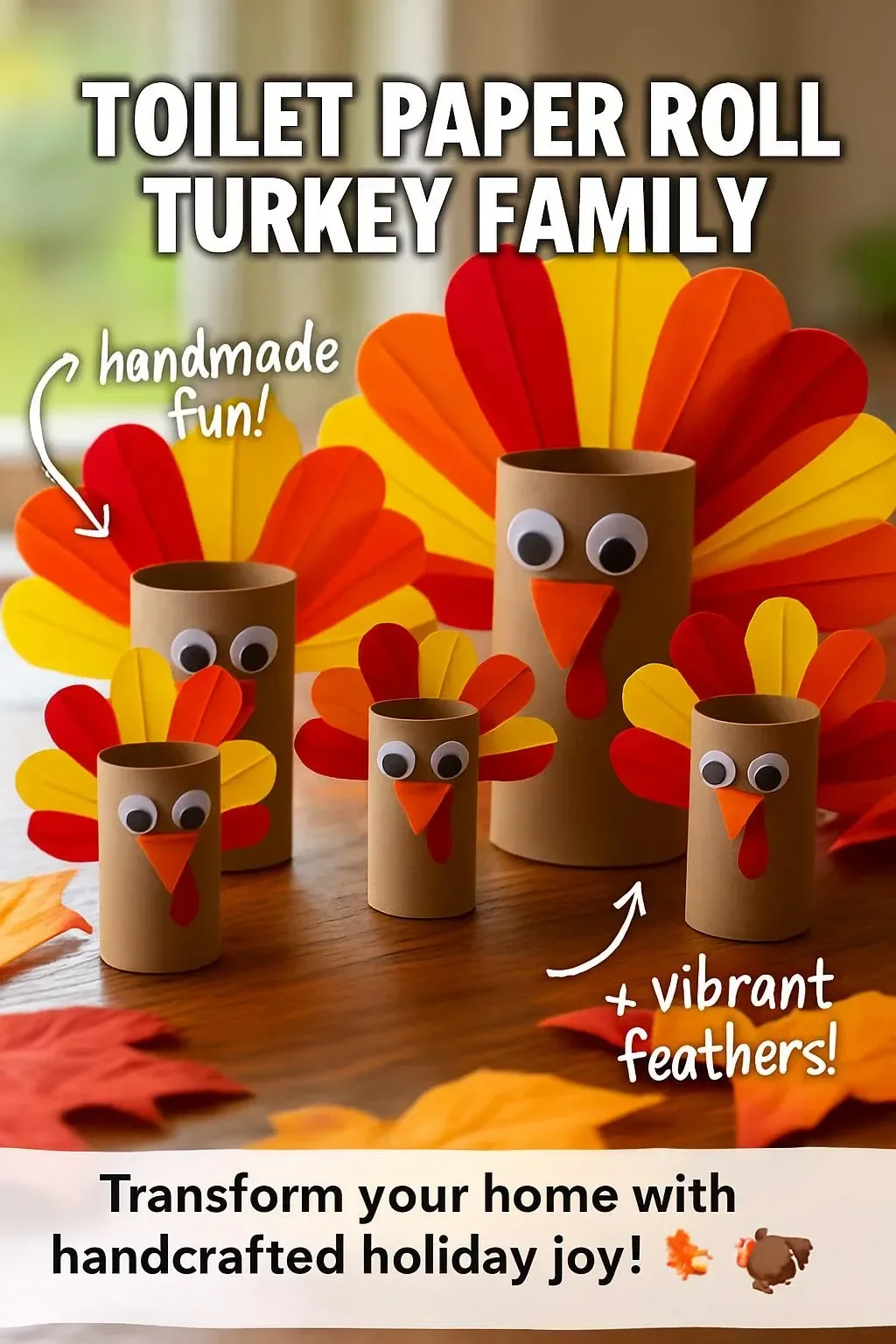 Craft project featuring a Turkey Family made from toilet paper rolls.