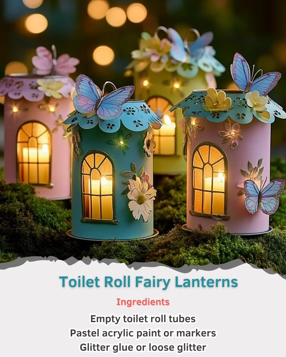 DIY toilet roll fairy lanterns glowing in the dark, creating a magical atmosphere.