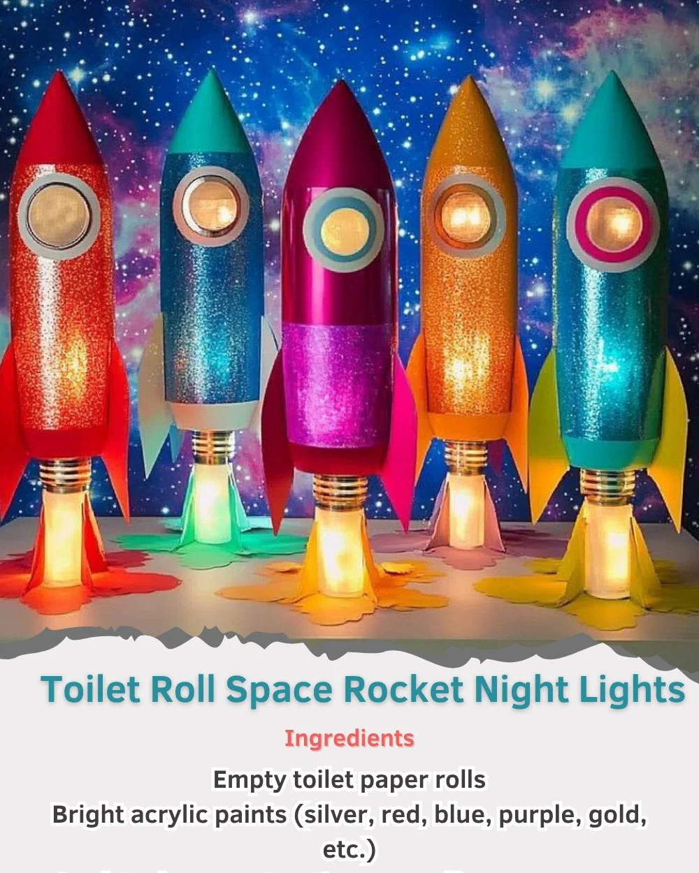 Toilet roll space rocket night light illuminating a child's room