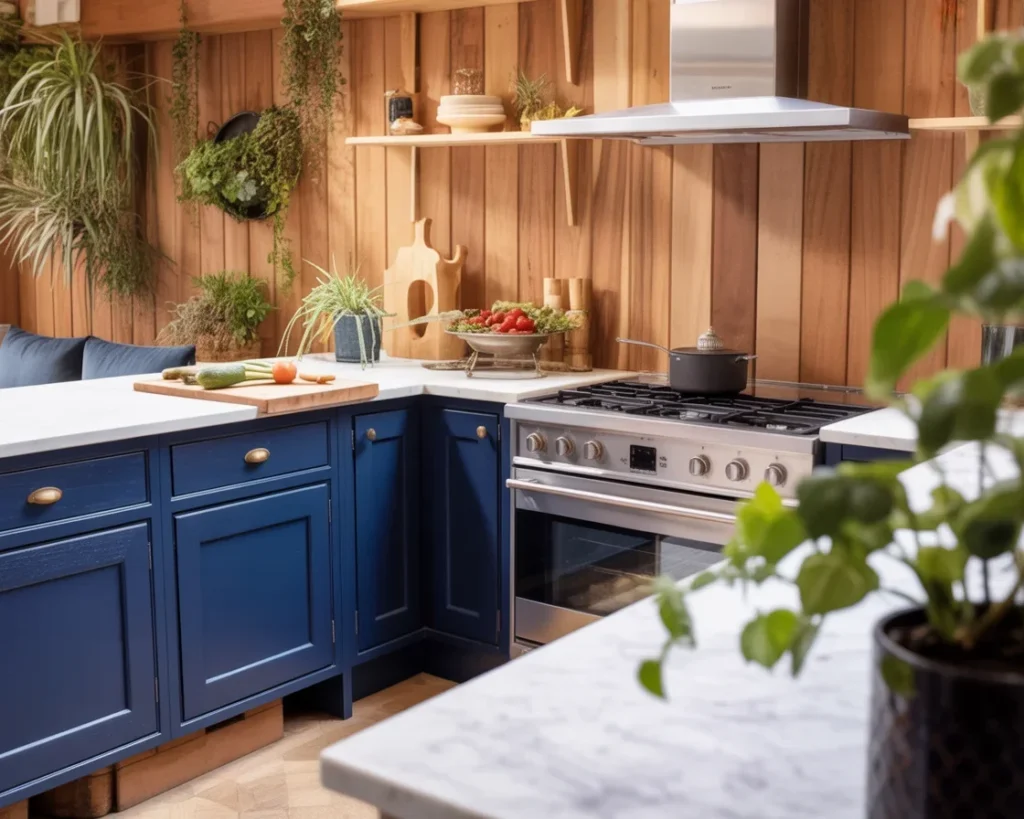 A beautifully designed biophilic kitchen incorporating natural materials and greenery.