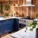 A beautifully designed biophilic kitchen incorporating natural materials and greenery.