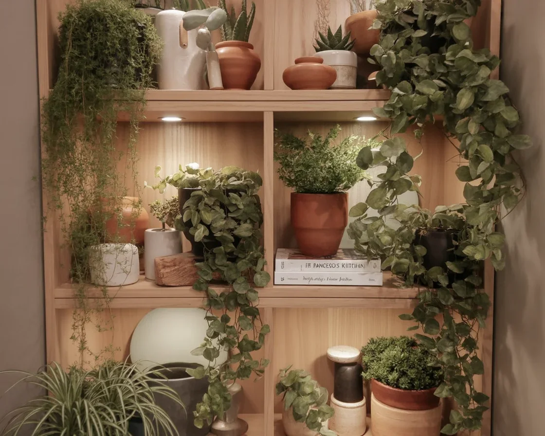 Biophilic home kitchen design featuring natural materials and indoor plants