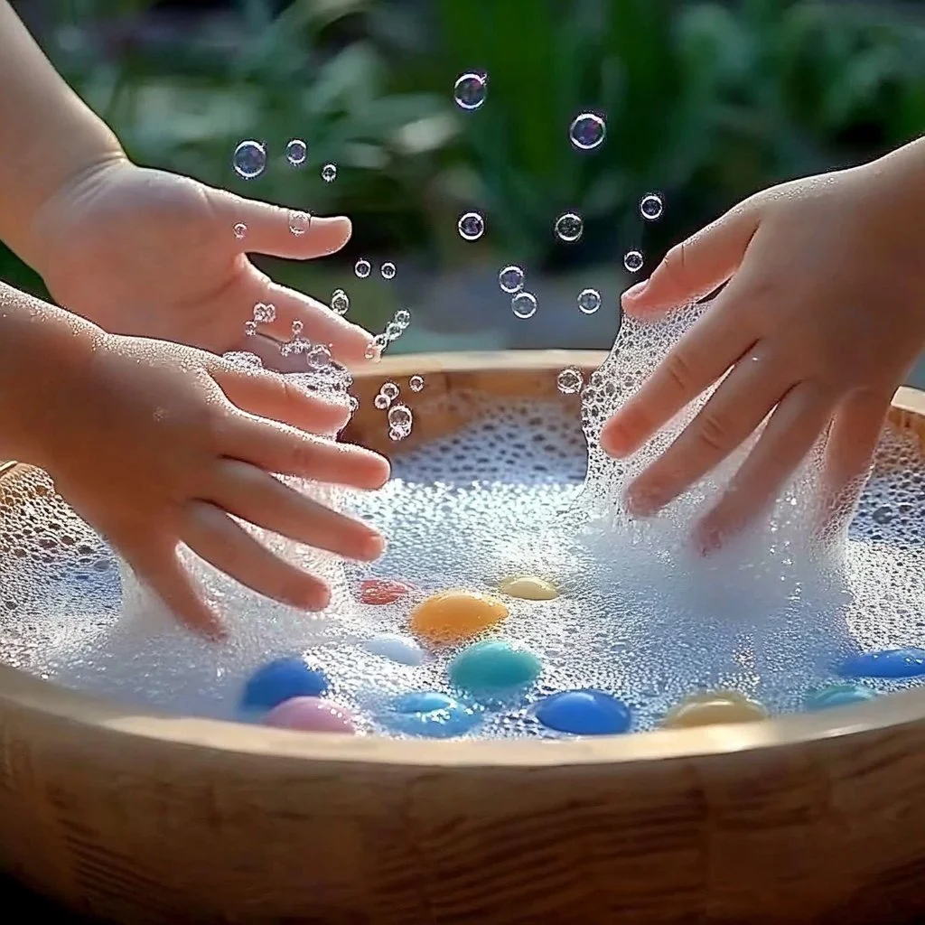 Children conducting a volcano eruption experiment with colorful lava model.
