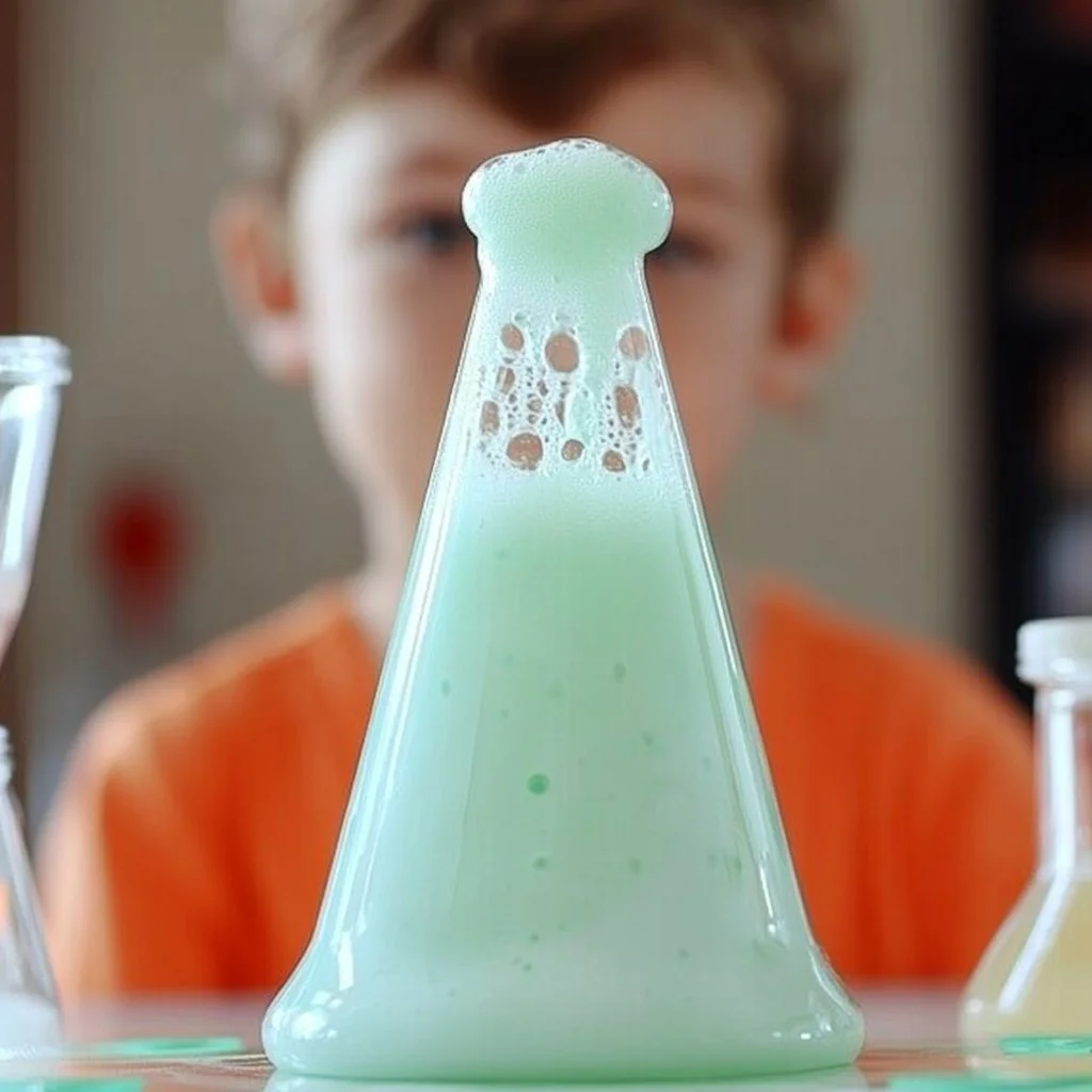 Volcano foam experiment demonstrating a colorful eruption with baking soda and vinegar.