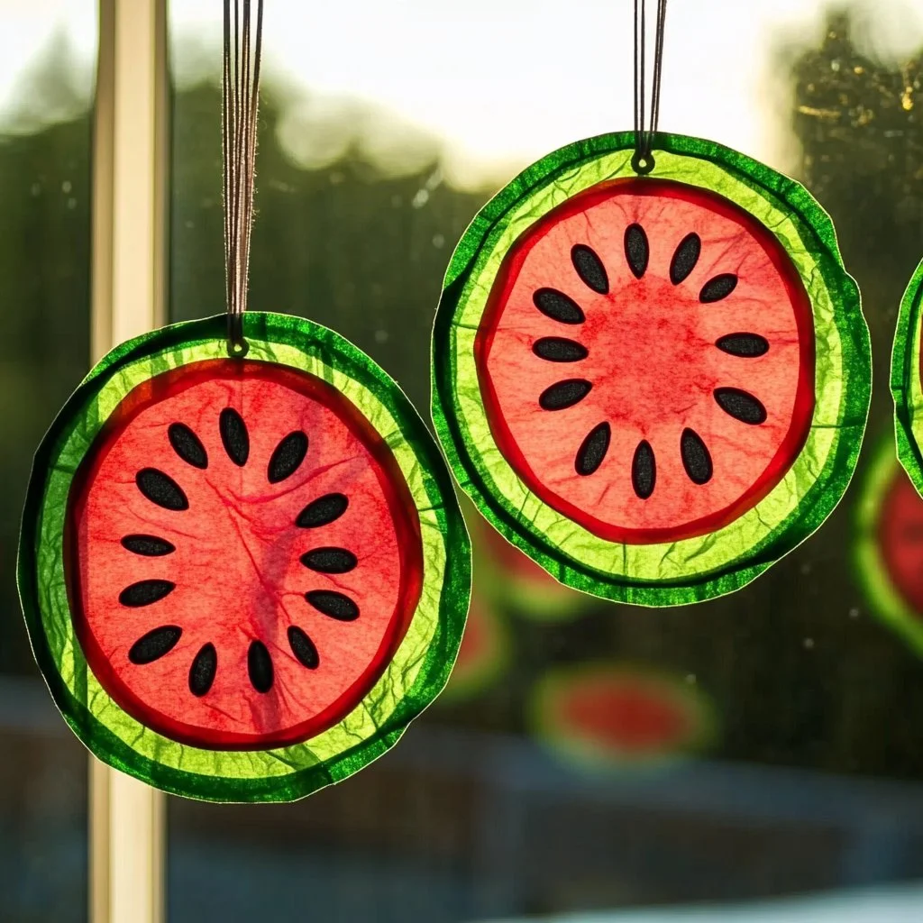 Colorful watermelon slice suncatcher hanging in sunlight