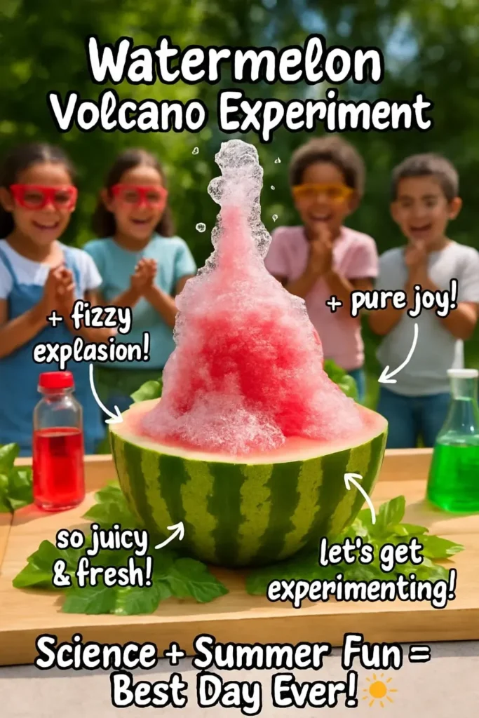 Explosive watermelon volcano experiment with colorful reactions