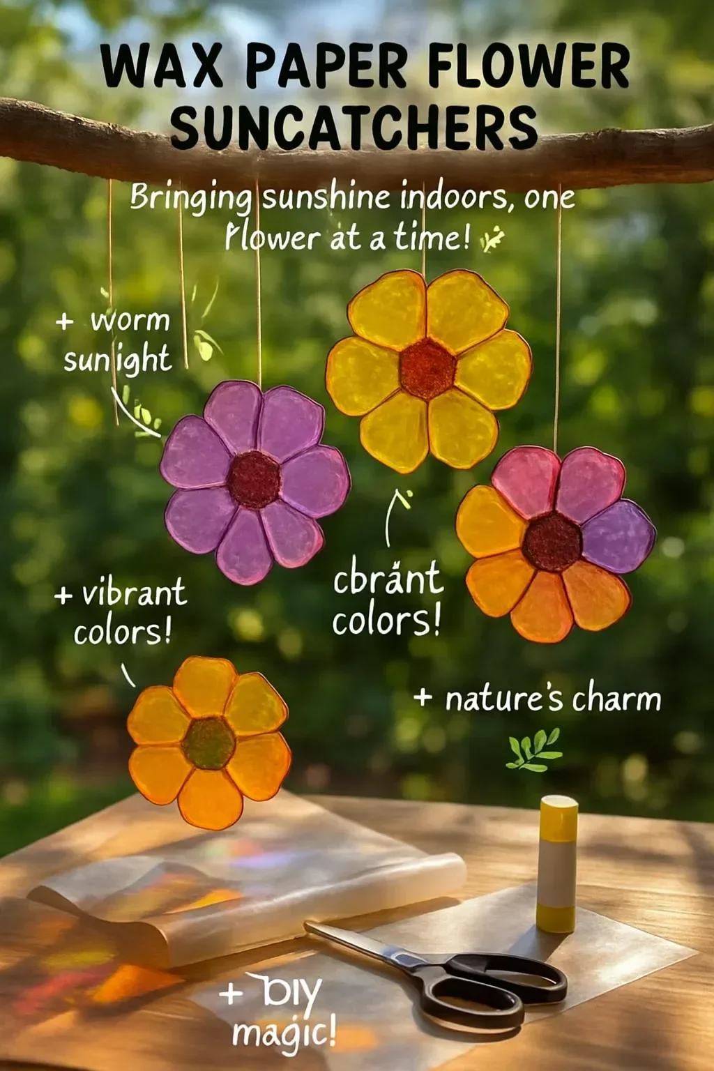 Colorful wax paper flower suncatchers catching sunlight