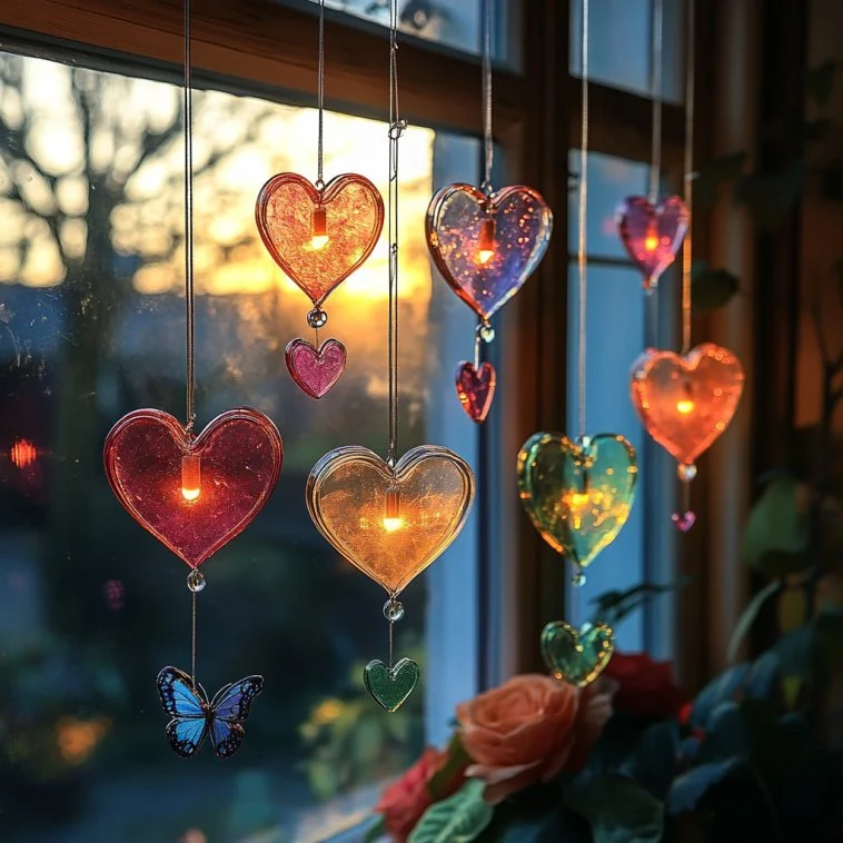 Colorful handmade wax paper sun catchers hanging in a window