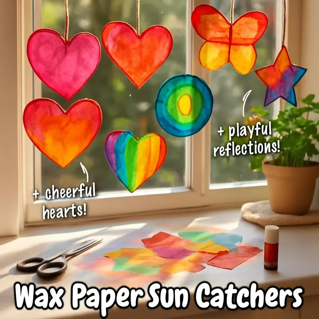 Colorful homemade wax paper sun catchers catching sunlight in a window.