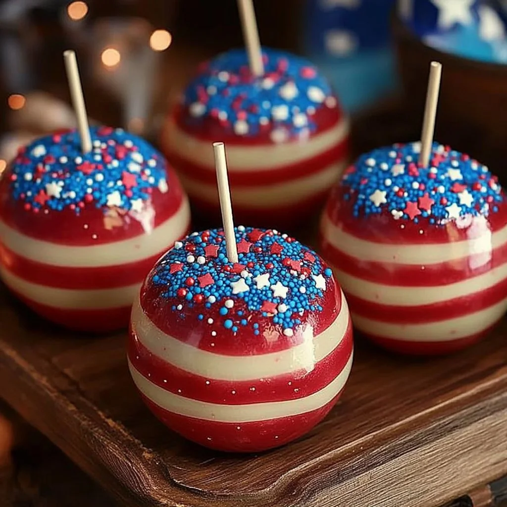 Delicious 4th of July swirl candy apples with vibrant colors and festive designs