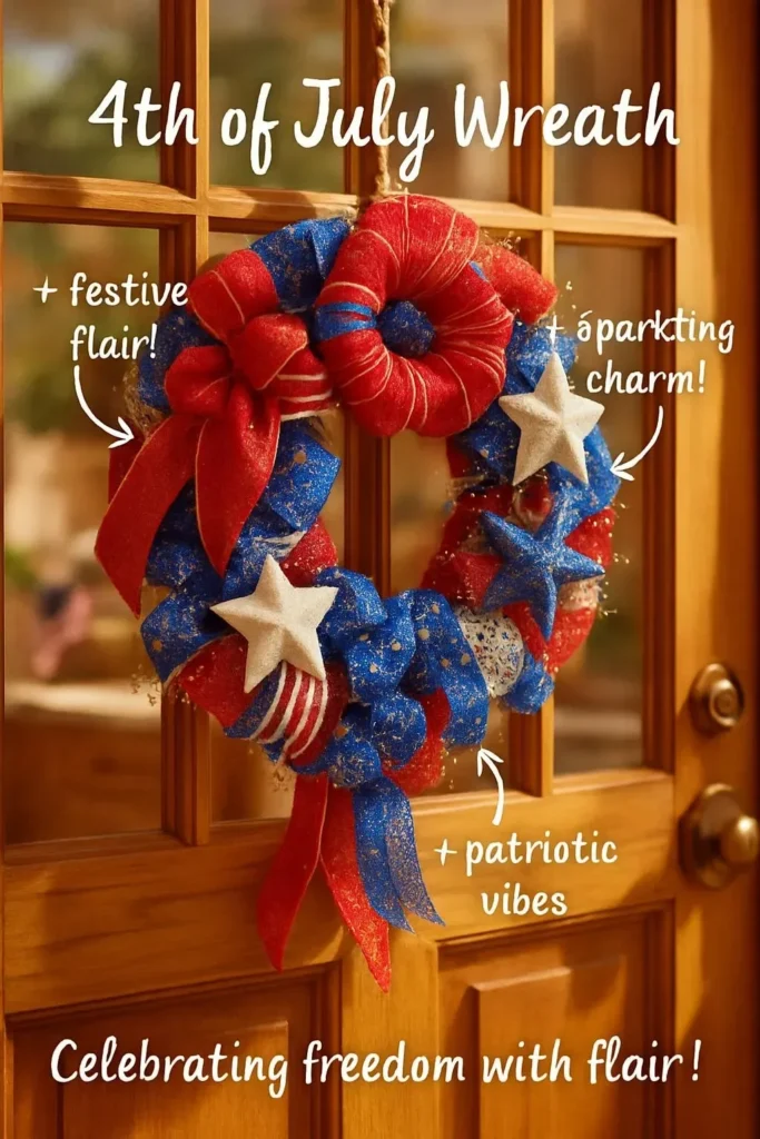 Beautiful 4th of July wreath decorated with red, white, and blue elements