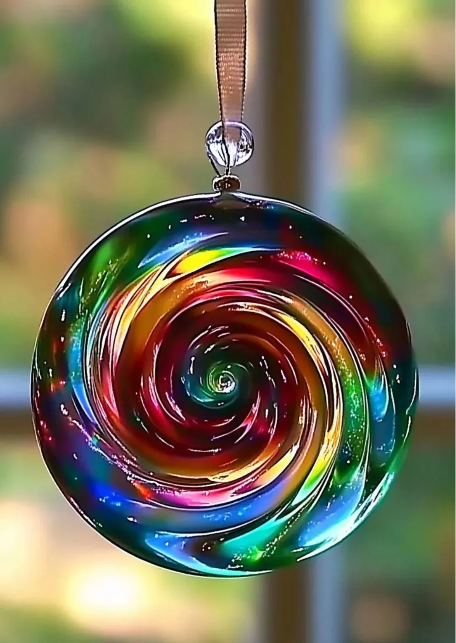 Handmade suncatcher catching sunlight in a crystal-clear frame.