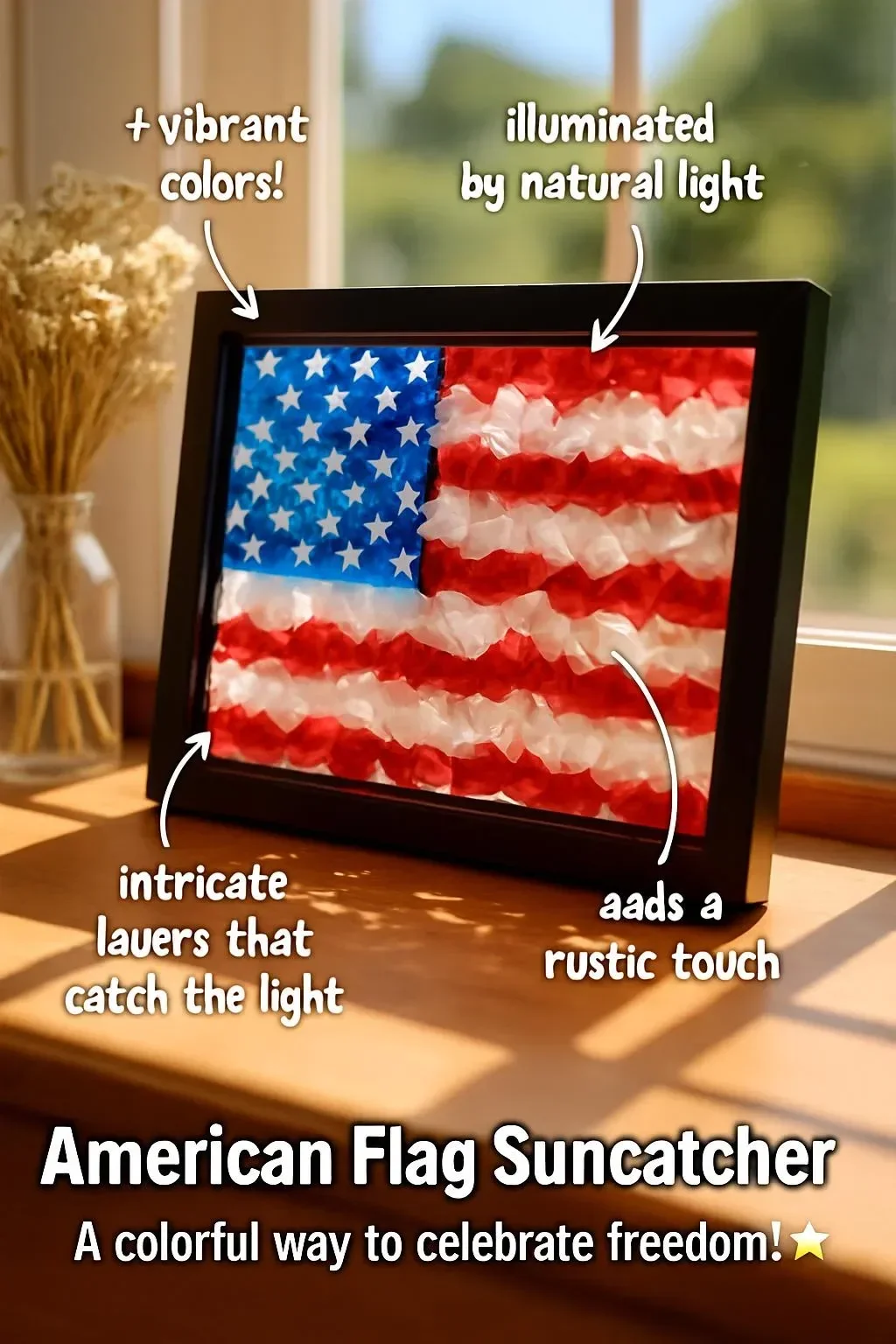 Beautiful American Flag suncatcher capturing sunlight and colors.