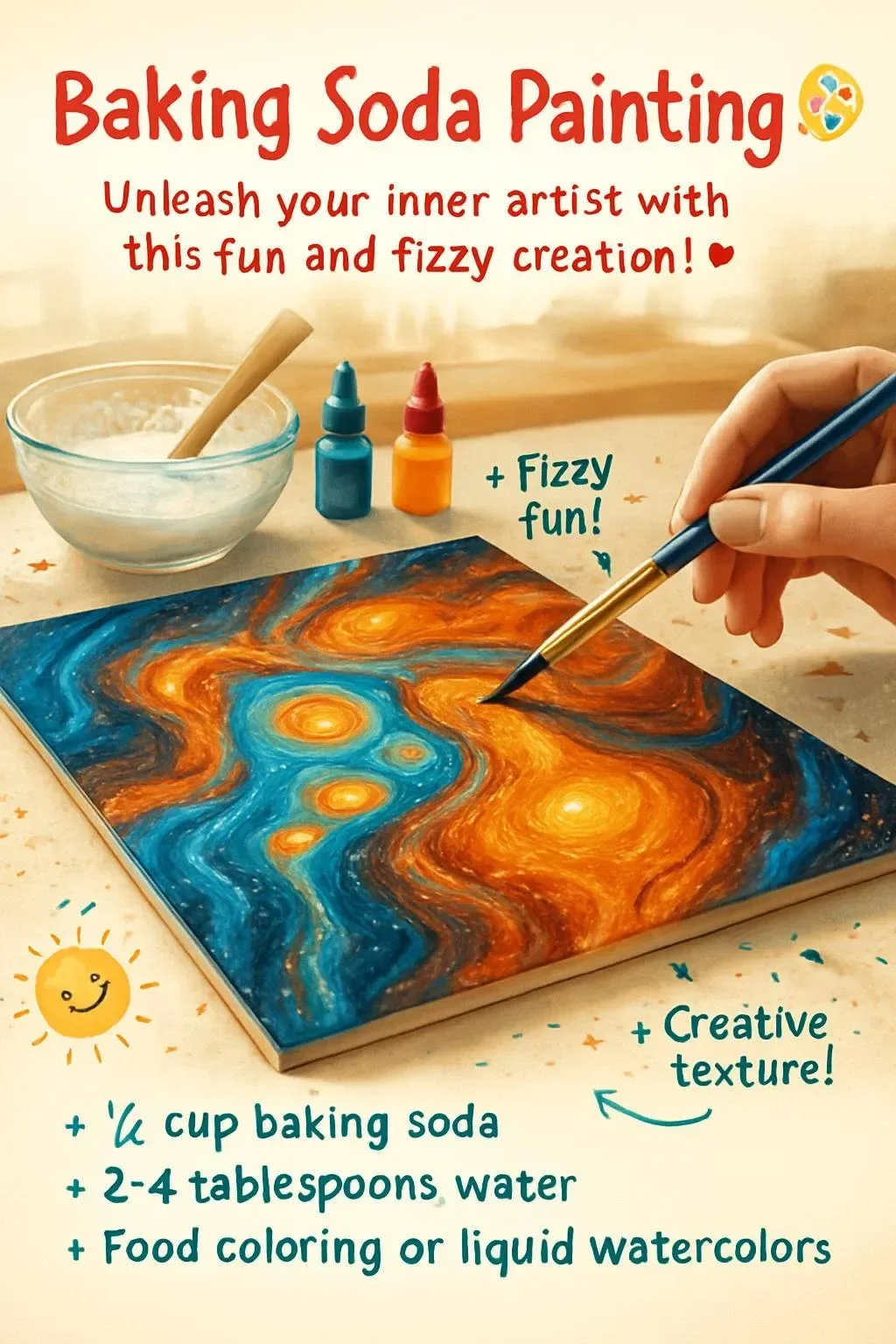 Baking soda painting artwork featuring vibrant textures and colors