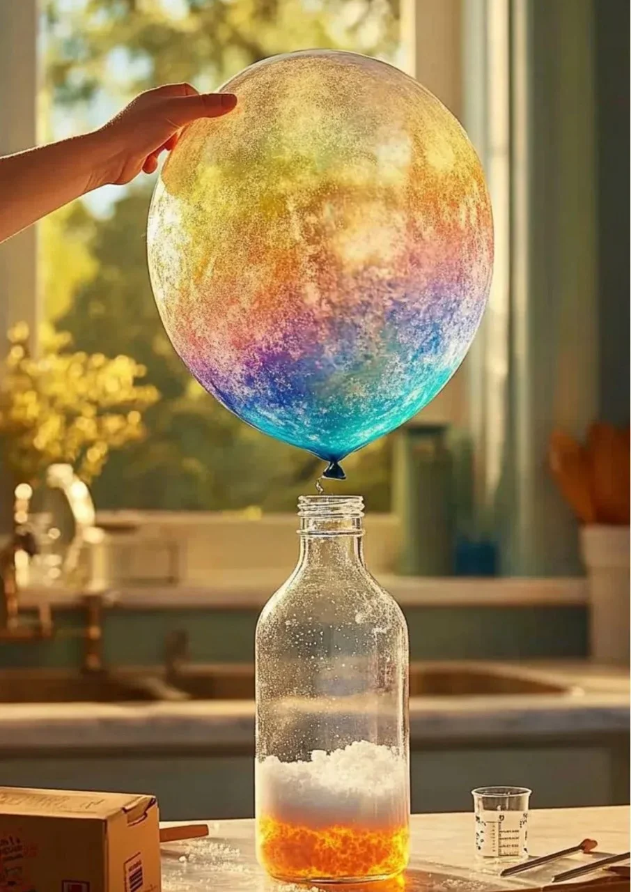 Balloon baking soda experiment showcasing a fizzy reaction in a fun science project.
