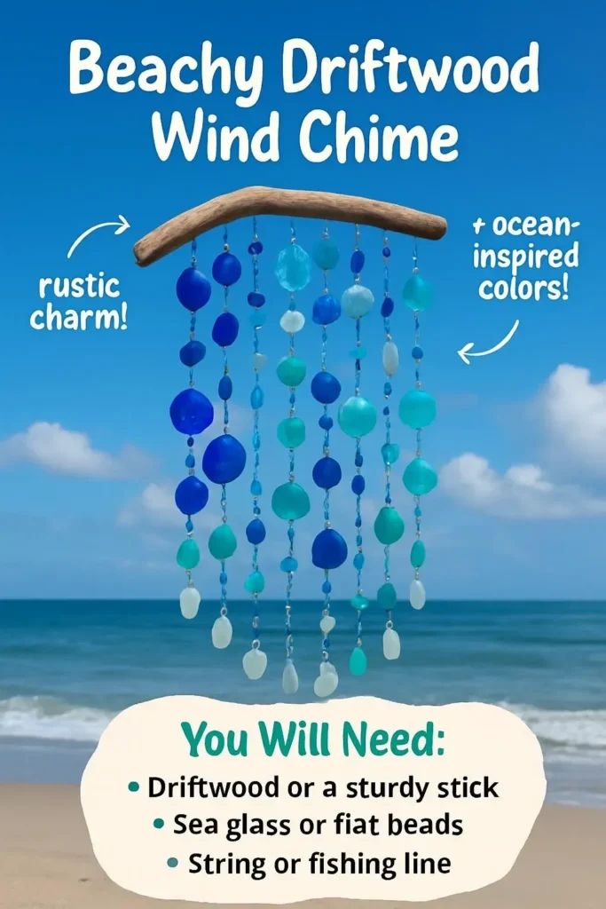 Beachy driftwood wind chime hanging in a coastal setting