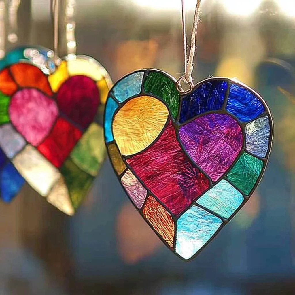 Colorful faux stained glass hearts perfect for home decor