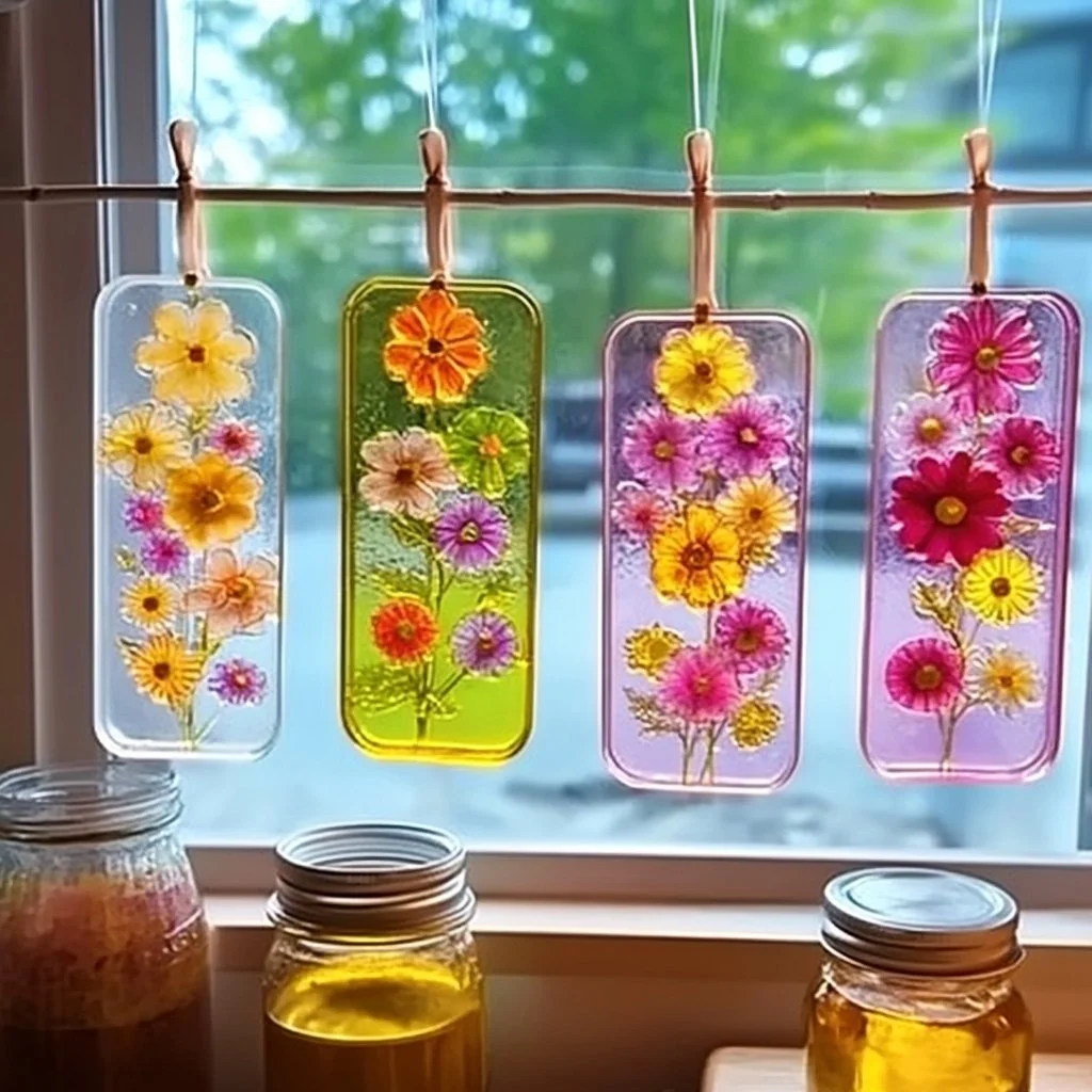 Colorful bioplastic suncatchers hanging in a window, showcasing eco-friendly design.