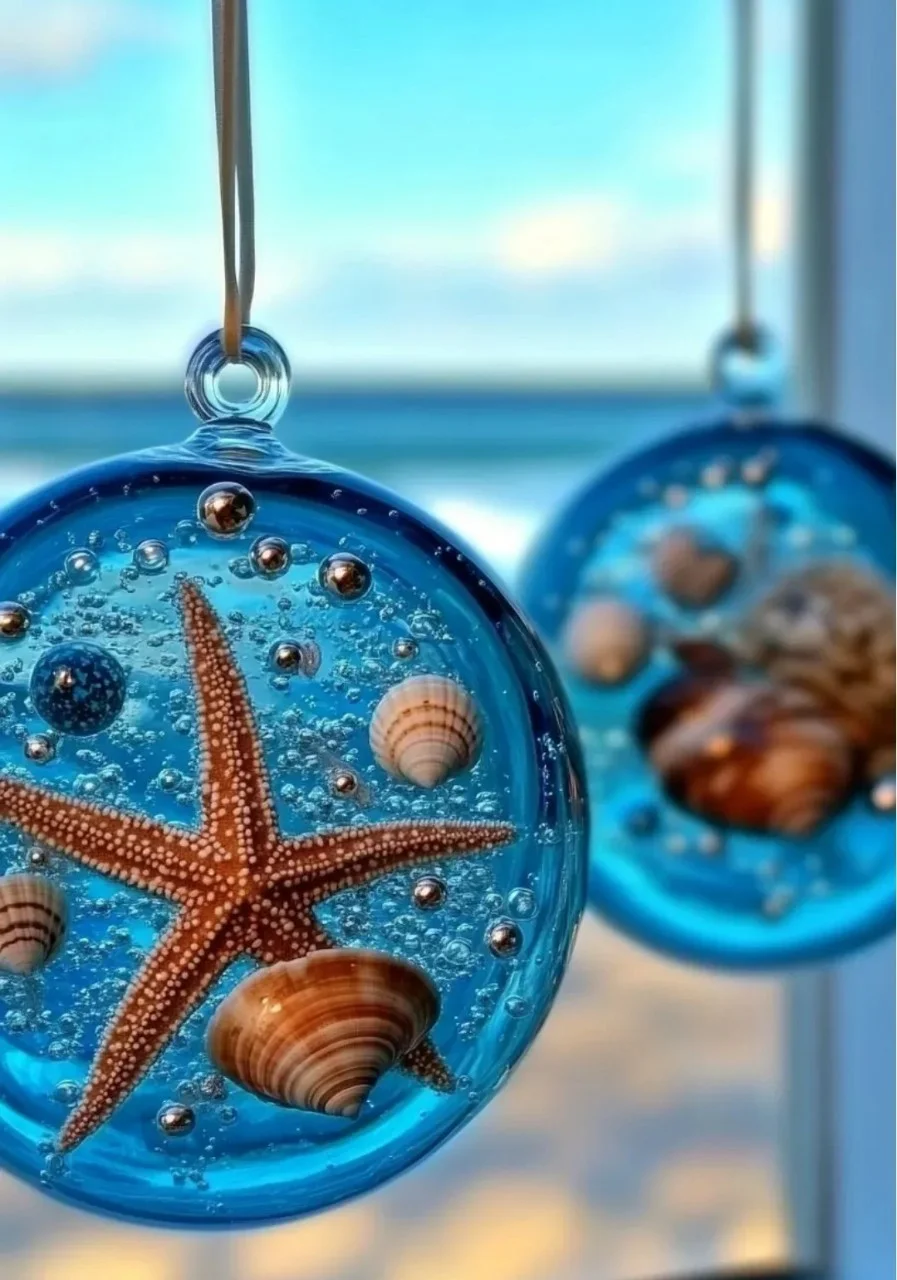 Beautiful blue bead ocean suncatcher catching sunlight in a tranquil setting