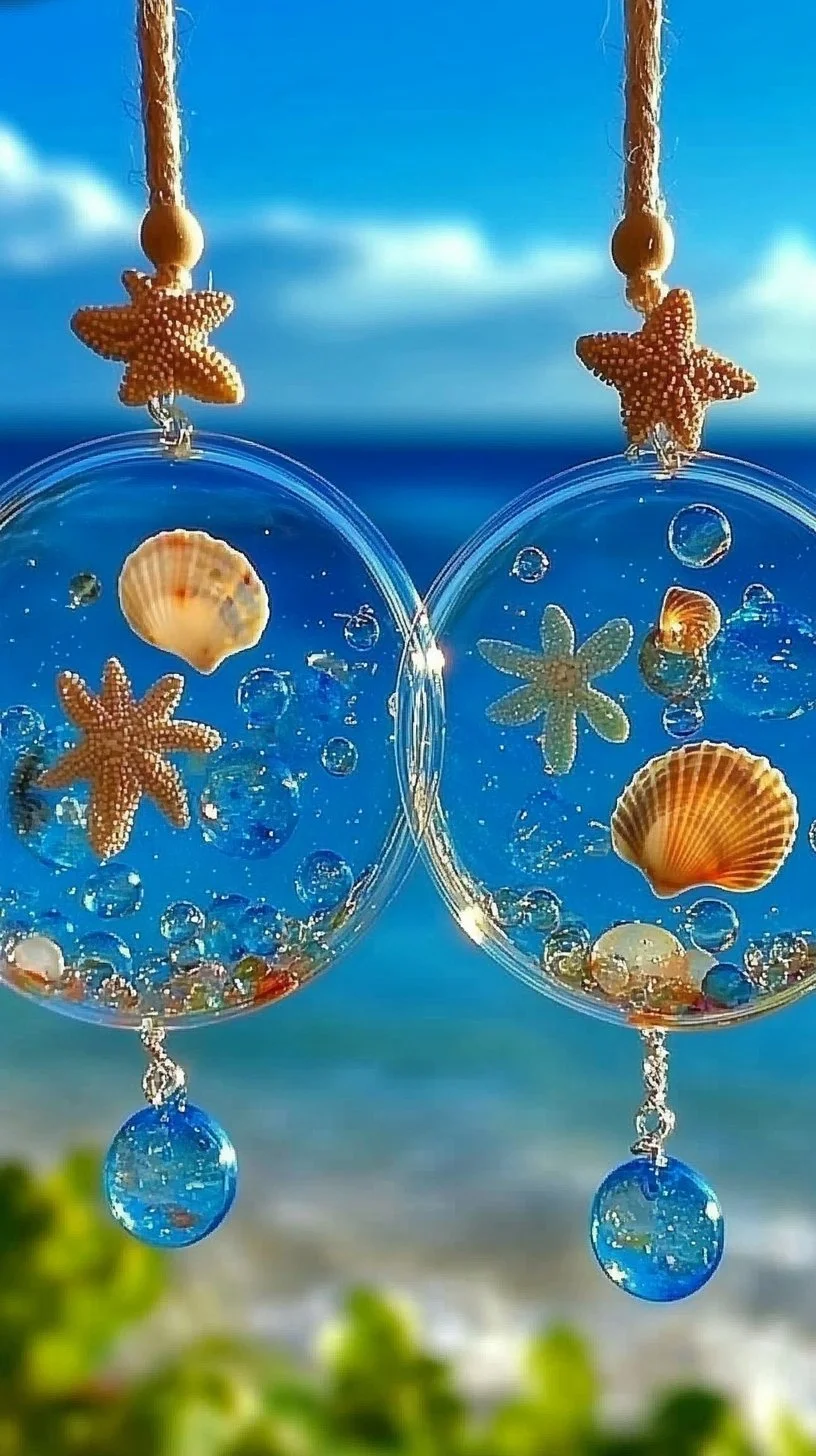 Beautiful blue bead ocean suncatchers reflecting sunlight