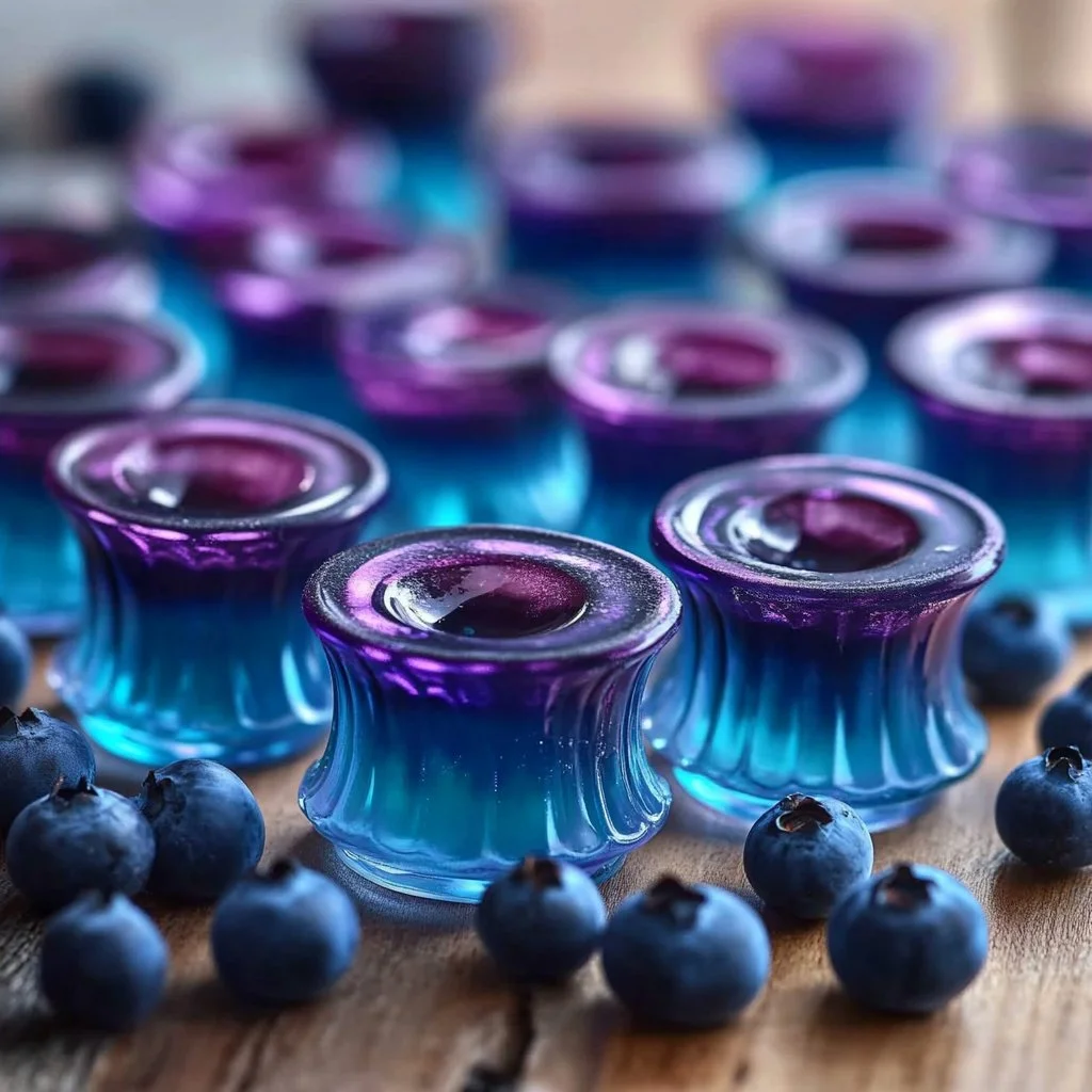 Blueberry gelatin treats served in colorful cups with fresh blueberries on top.