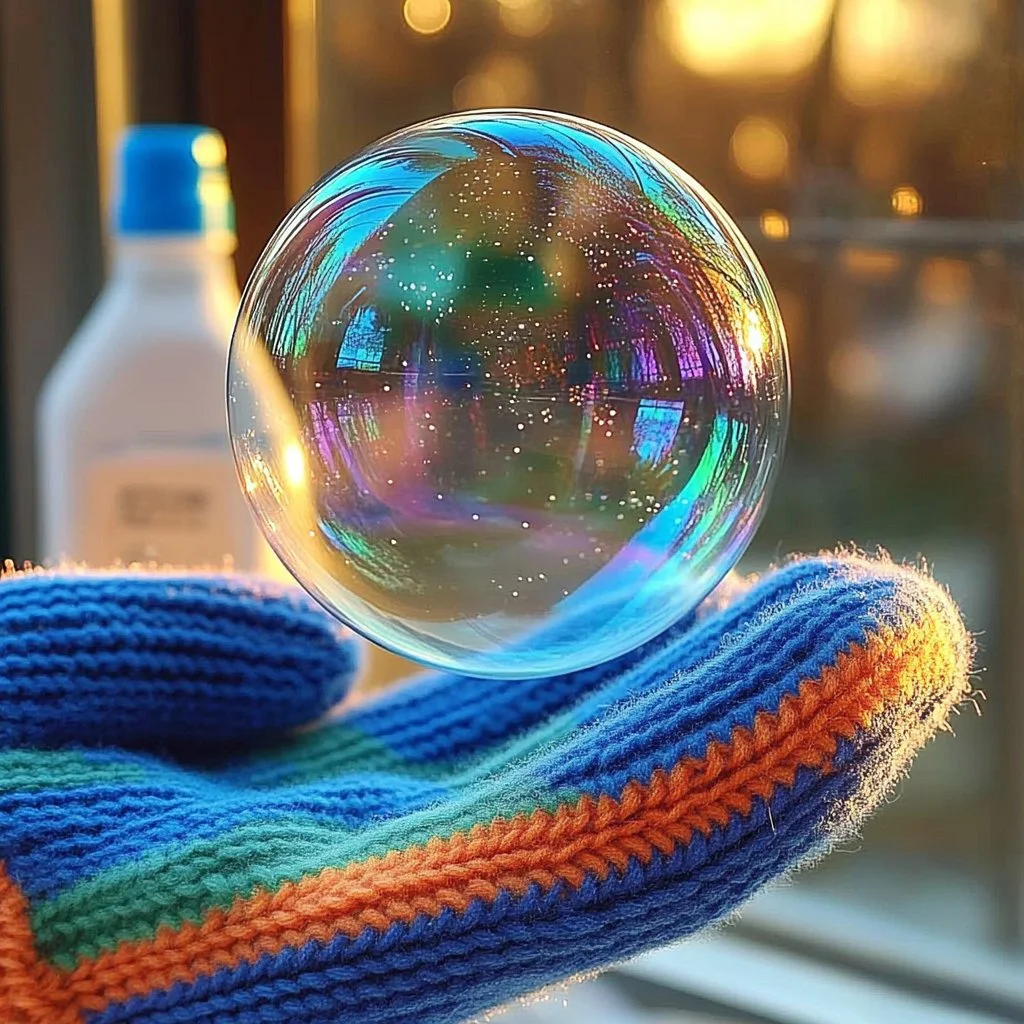 Colorful bouncing bubbles floating in the air, capturing sunlight.