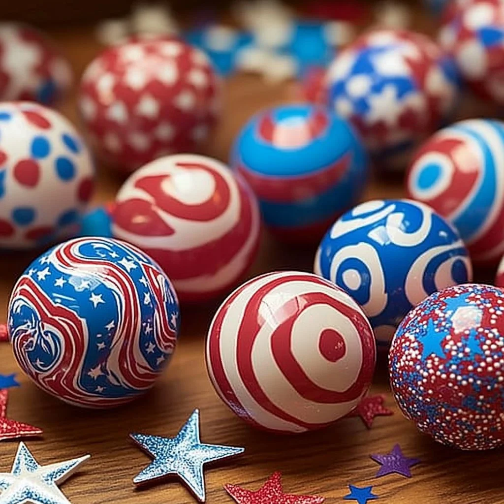 Colorful bouncy balls for 4th of July celebrations and outdoor activities.