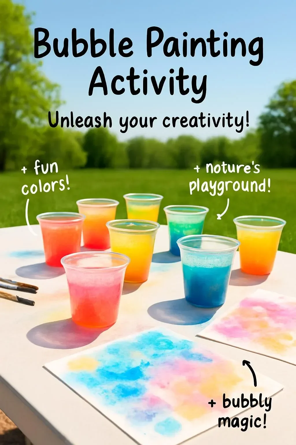 Children enjoying a bubble painting activity with colorful paints and bubbles.