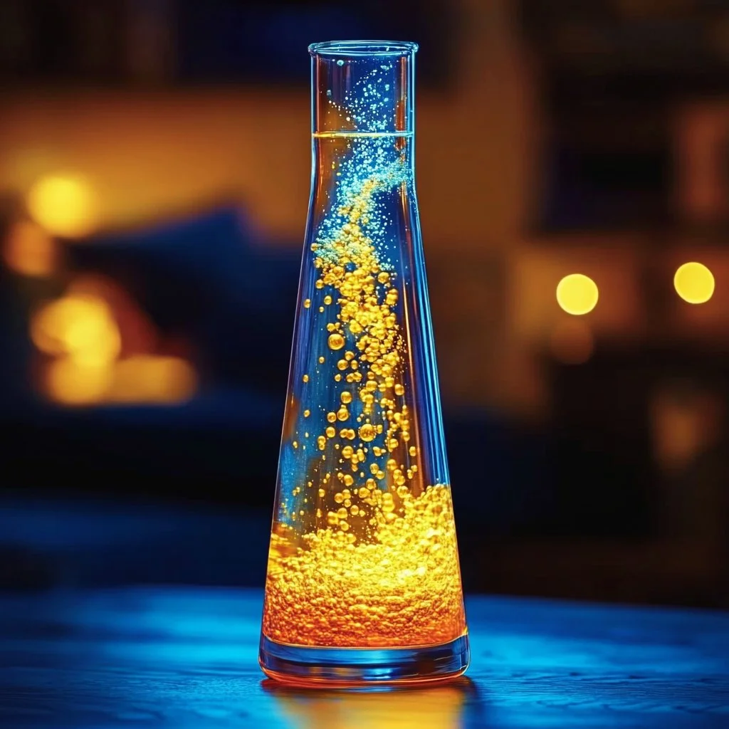 Colorful bubbling lava lamp science experiment demonstrating liquid density.