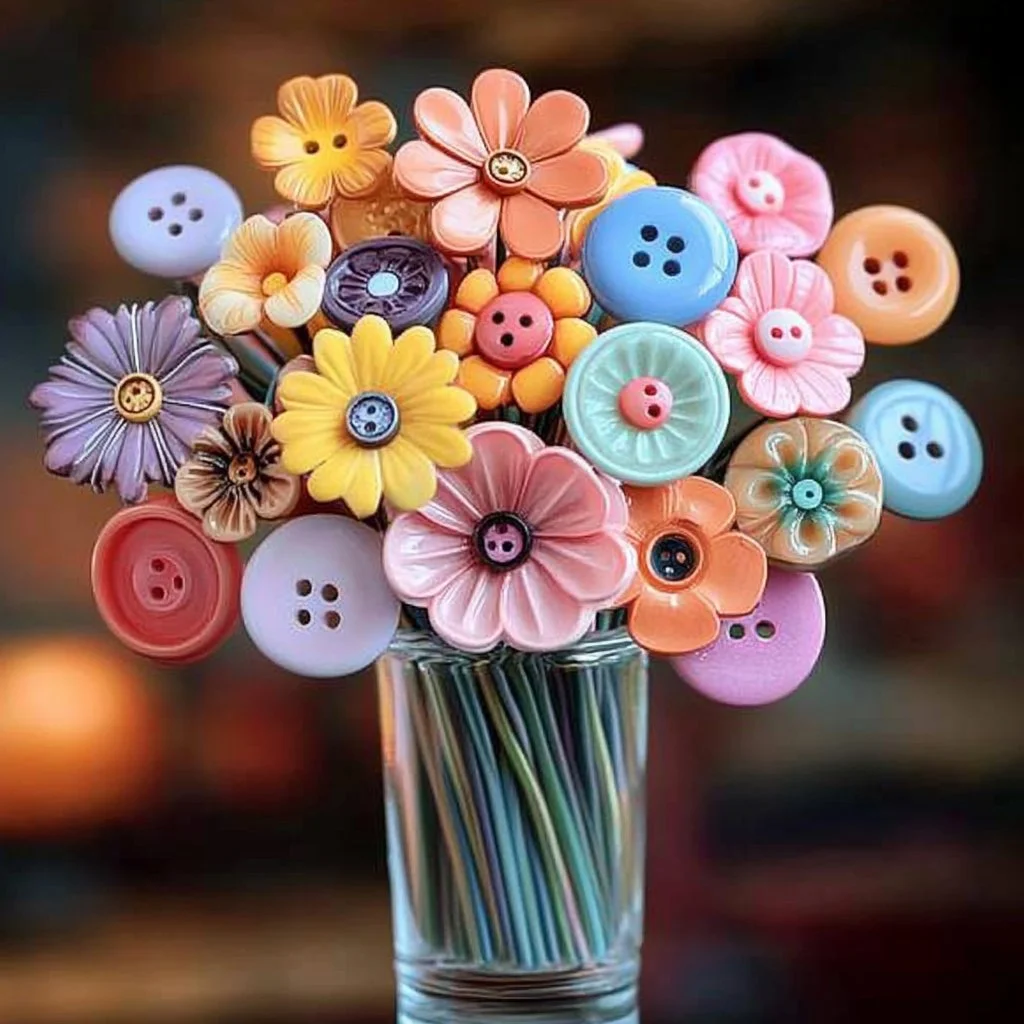 Colorful Button Bouquet made from vibrant buttons in decorative arrangement.