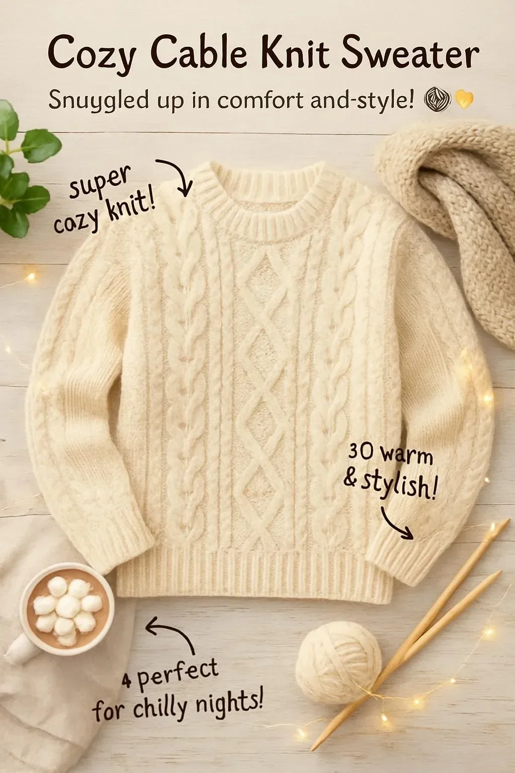 Stylish cable knit sweater in various colors and textures