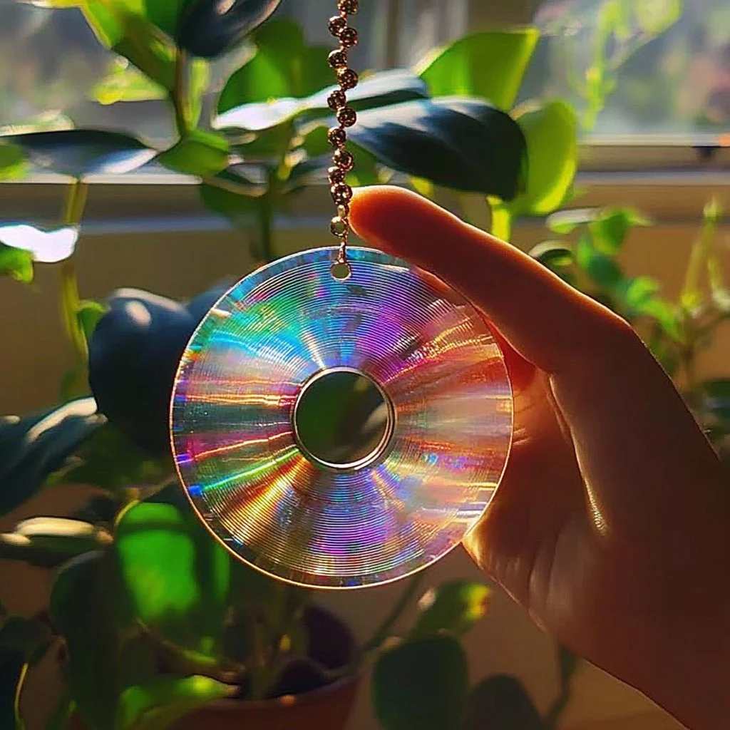 Colorful DIY CD suncatchers catching sunlight in a bright room