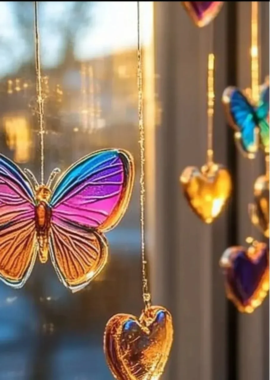 Charming glue suncatchers in vibrant colors hanging in sunlight