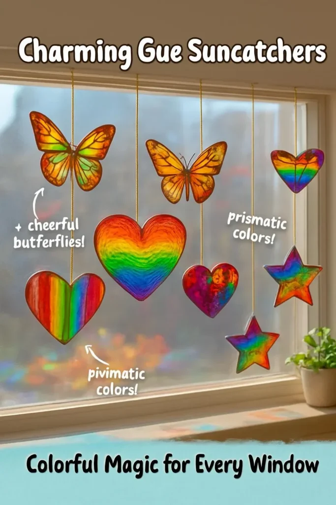 Beautiful handmade glue suncatchers hanging in a sunny window