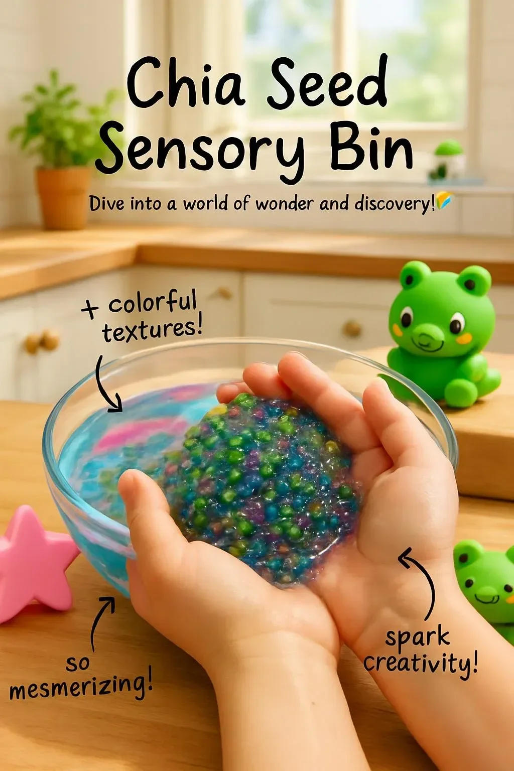 Child exploring a sensory bin filled with chia seeds for educational play.
