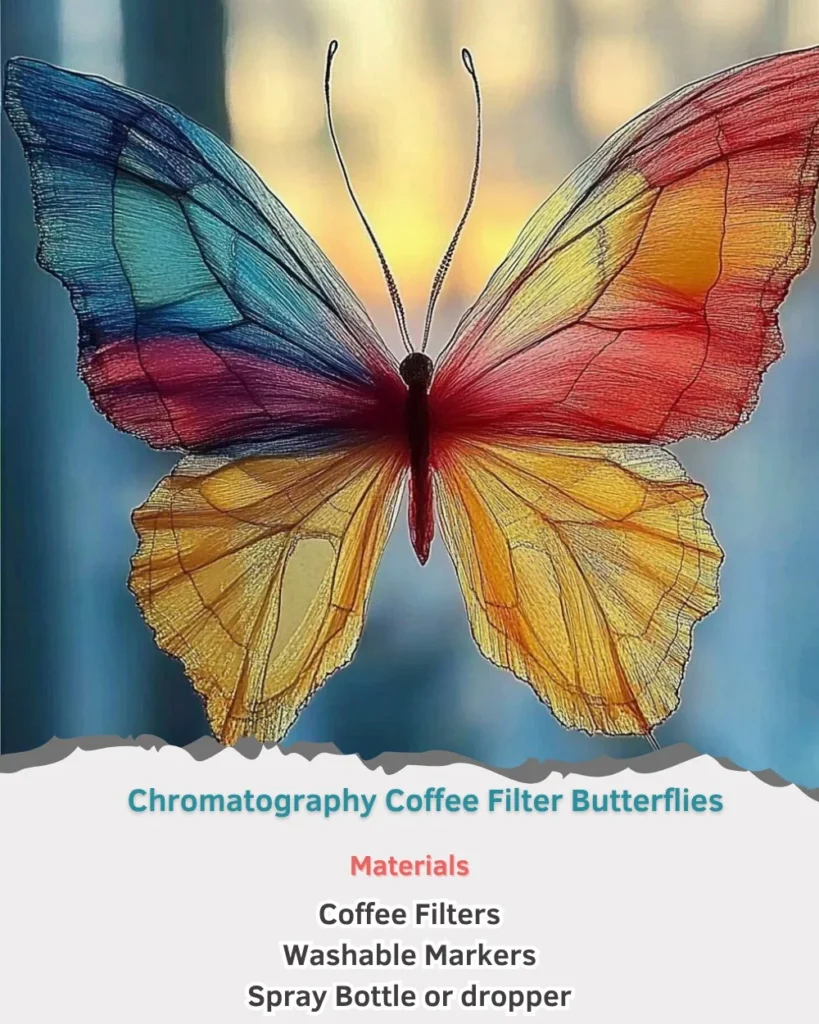 Chromatography coffee filter butterflies showcasing colorful pigment separation