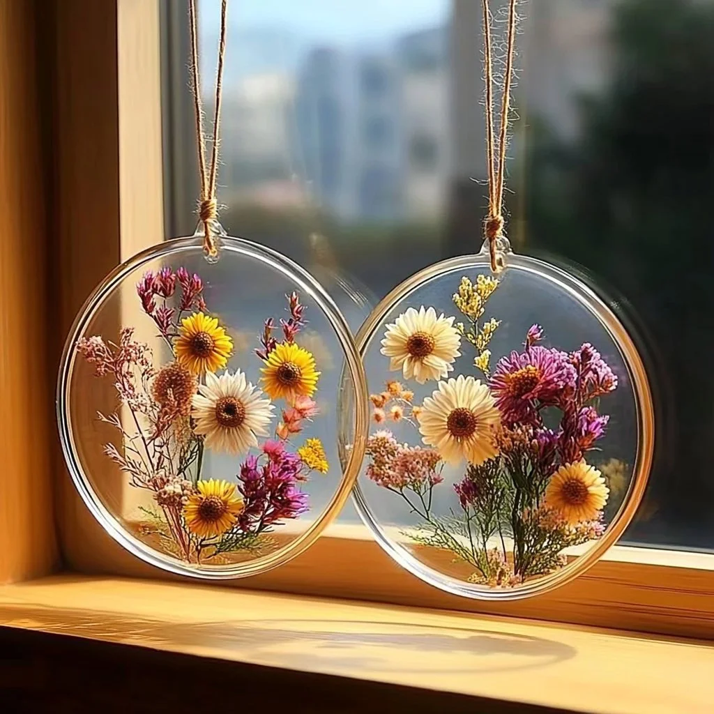 Colorful flower suncatchers made with clear glue hanging in sunlight.