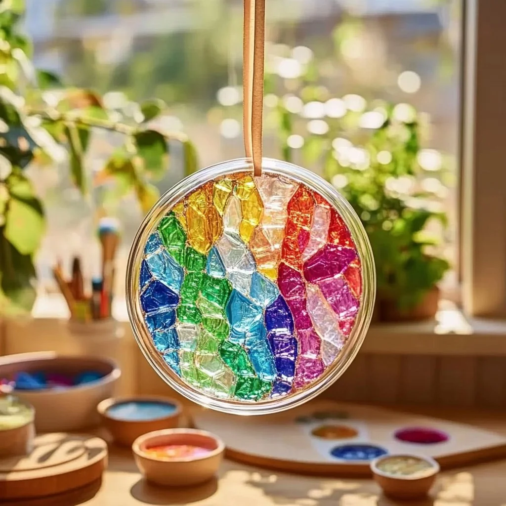 DIY clear glue mosaic suncatcher craft with colorful pieces