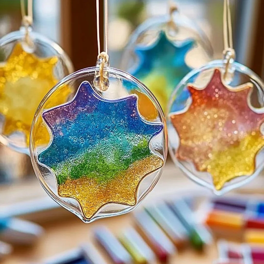 Colorful Clear Glue Suncatcher craft project hanging in window