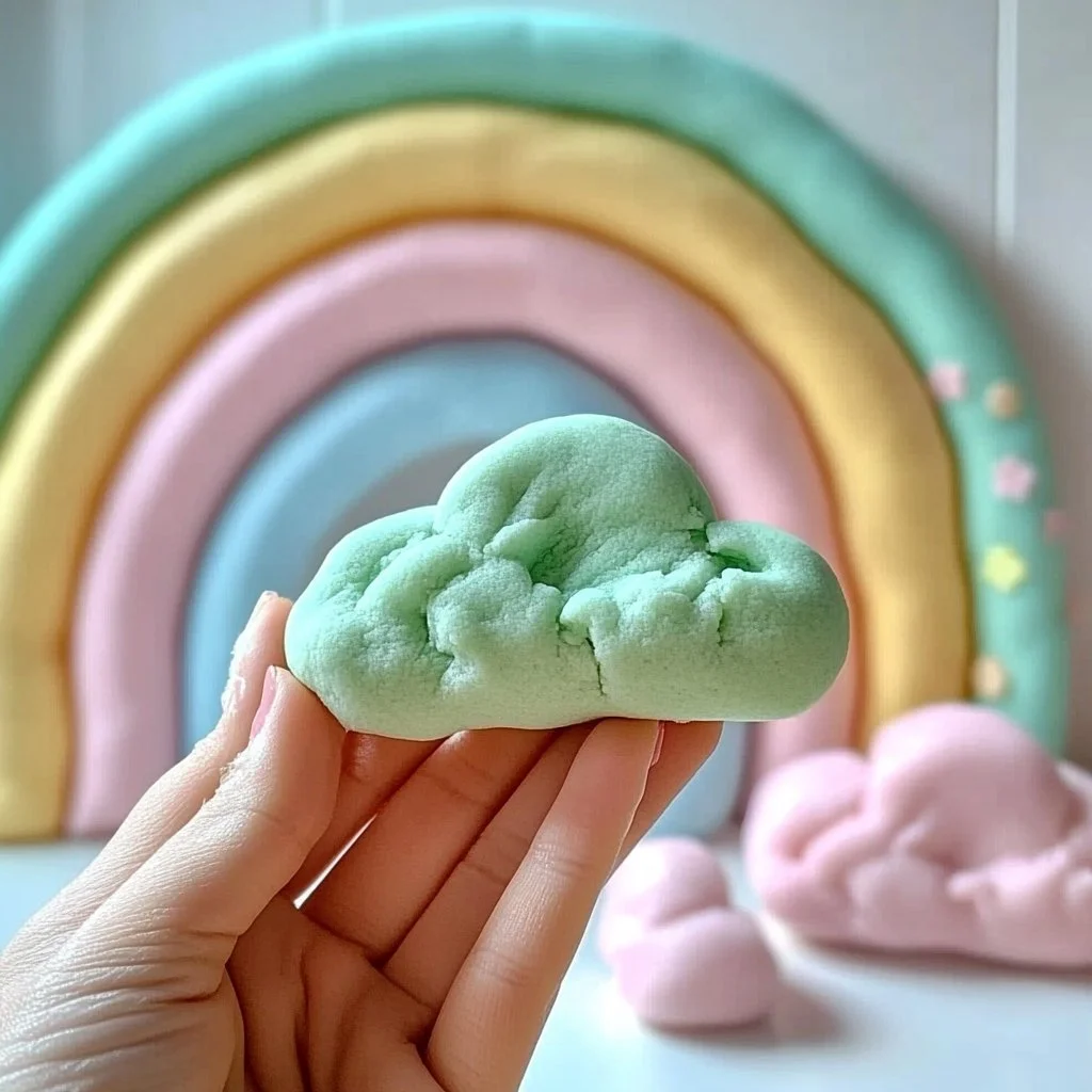 Colorful Cloud Dough in various shapes for sensory play.
