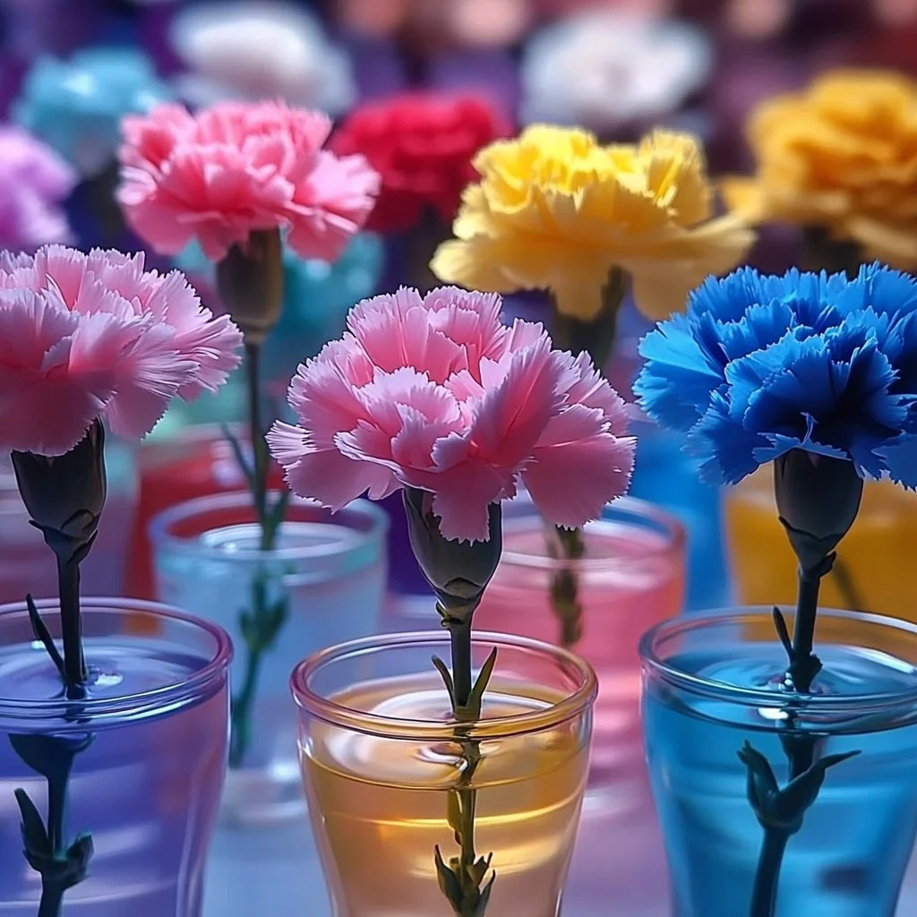 Experiment with color changing flowers showcasing vibrant transformations in water.
