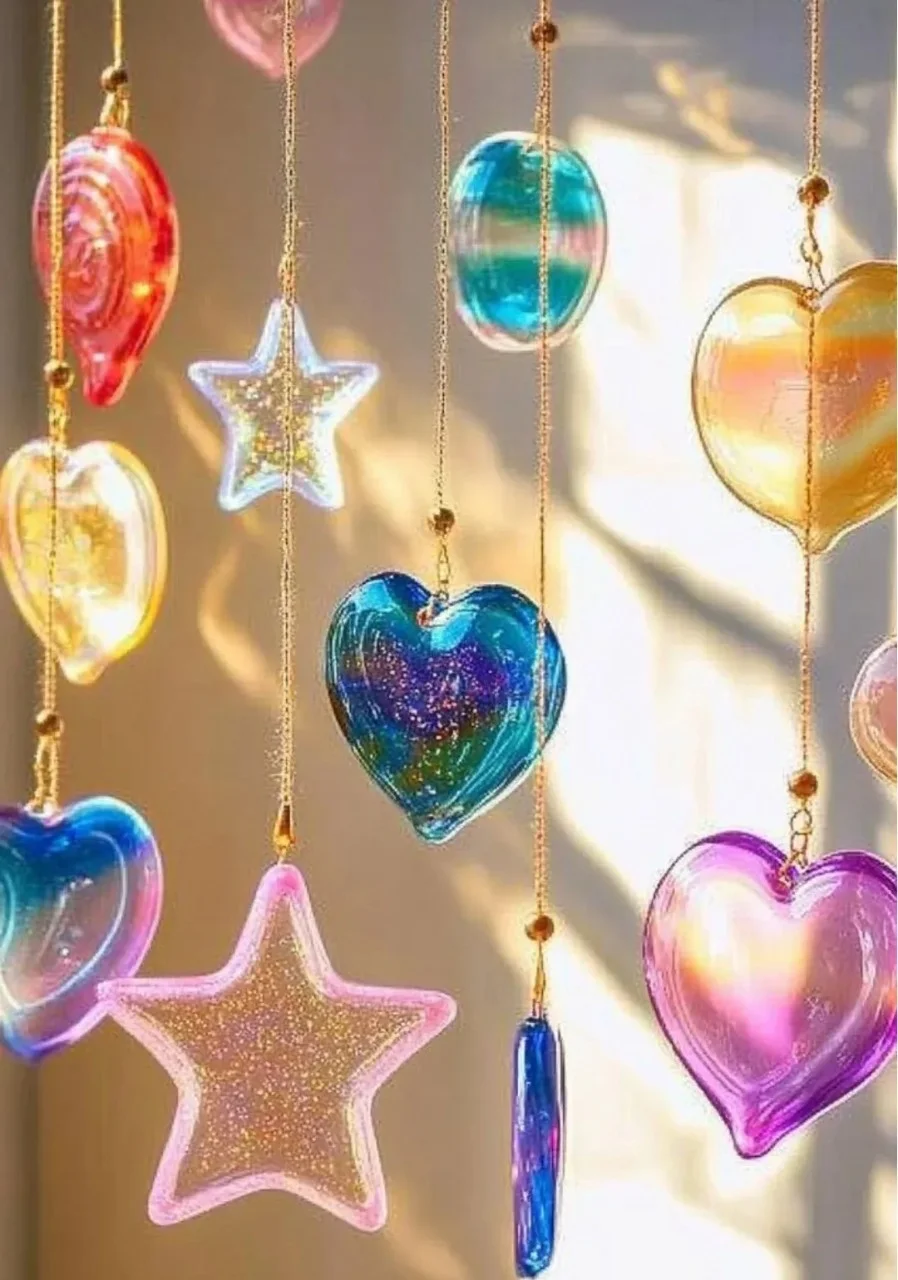 Vibrant colorful bioplastic suncatchers hanging in a sunlit window.