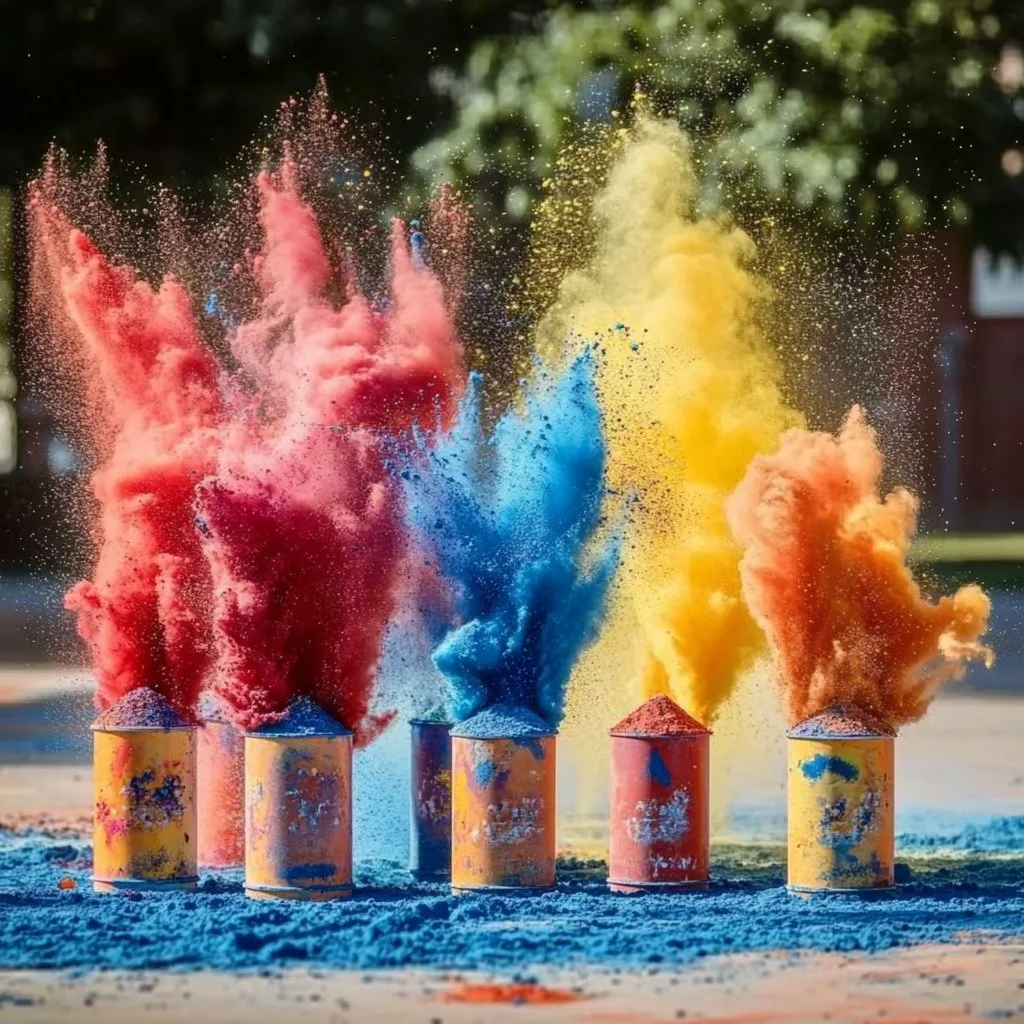 Colorful sidewalk chalk creating explosive science experiments outdoors.