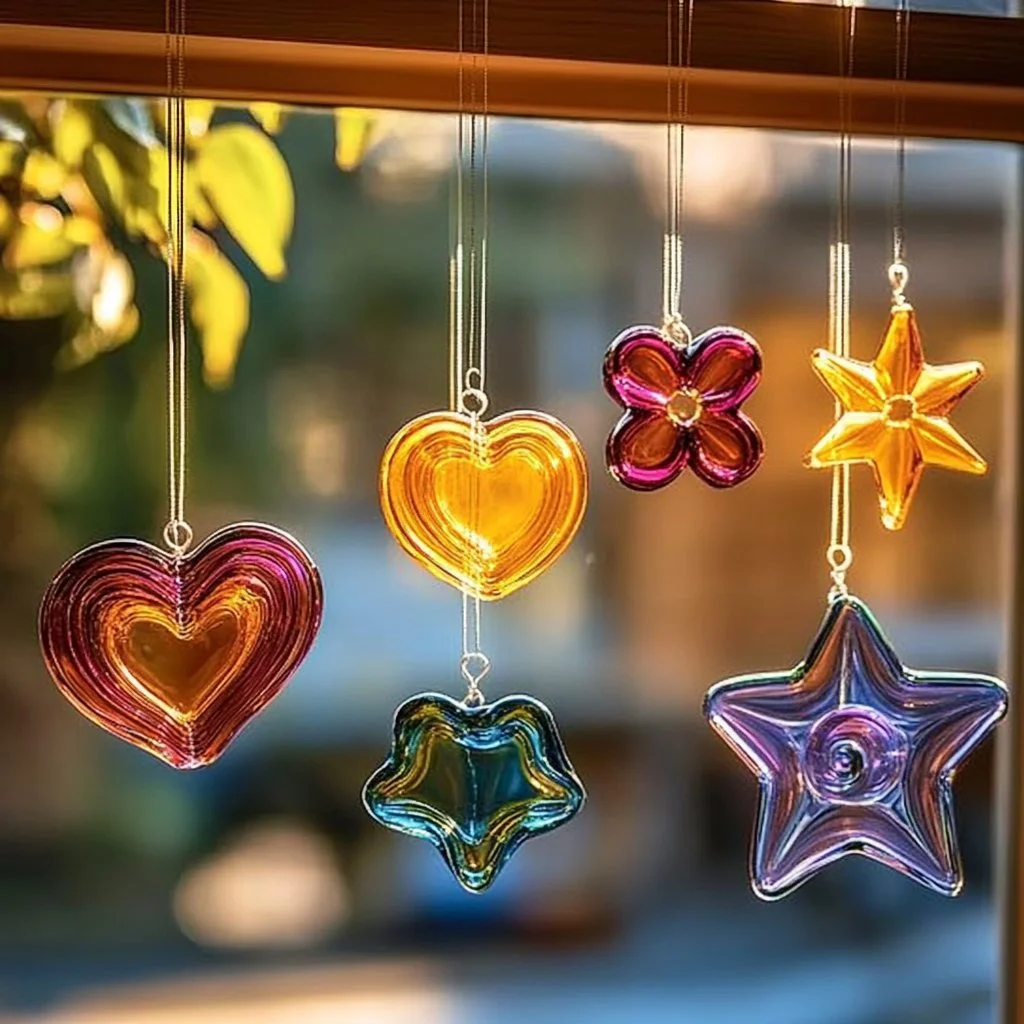 Colorful glue suncatchers made from vibrant craft materials