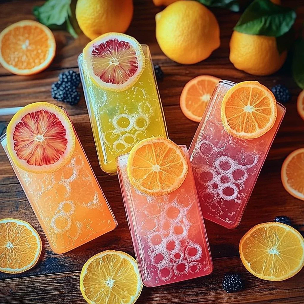 Colorful summer fruit cocktails served in glasses with fresh fruit garnishes.