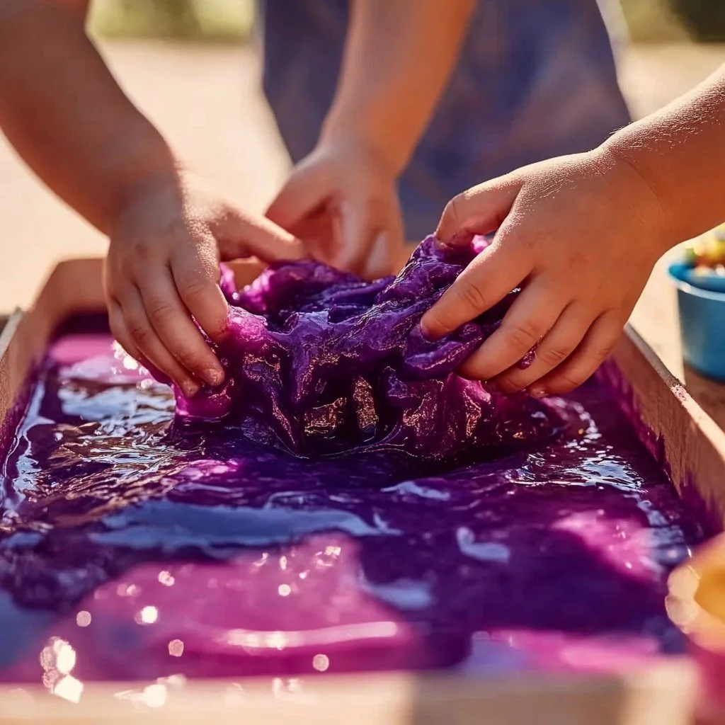 Colorful cornstarch and berry juice slime in a bowl, perfect for sensory play.