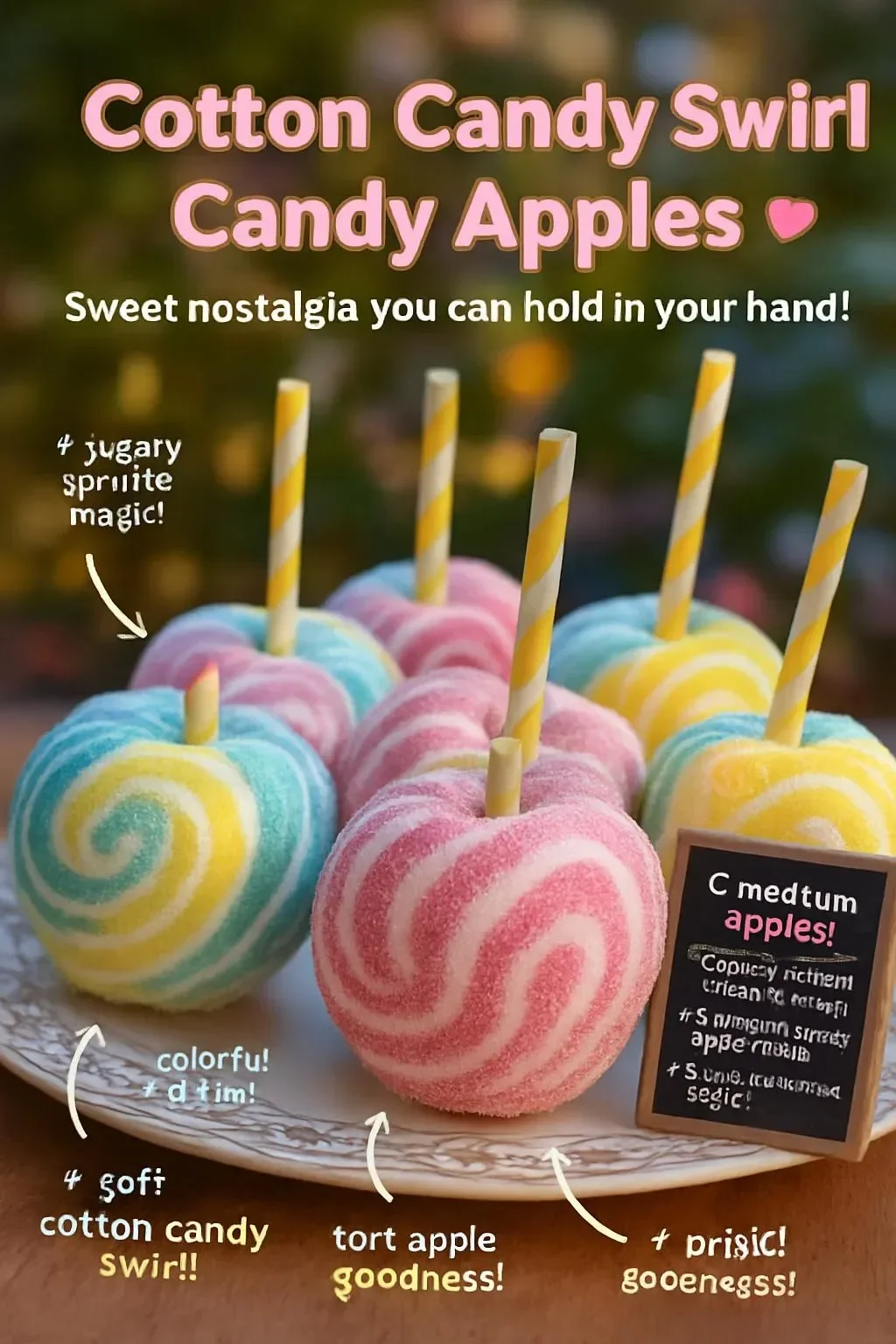 Brightly colored cotton candy swirl candy apples on a stick