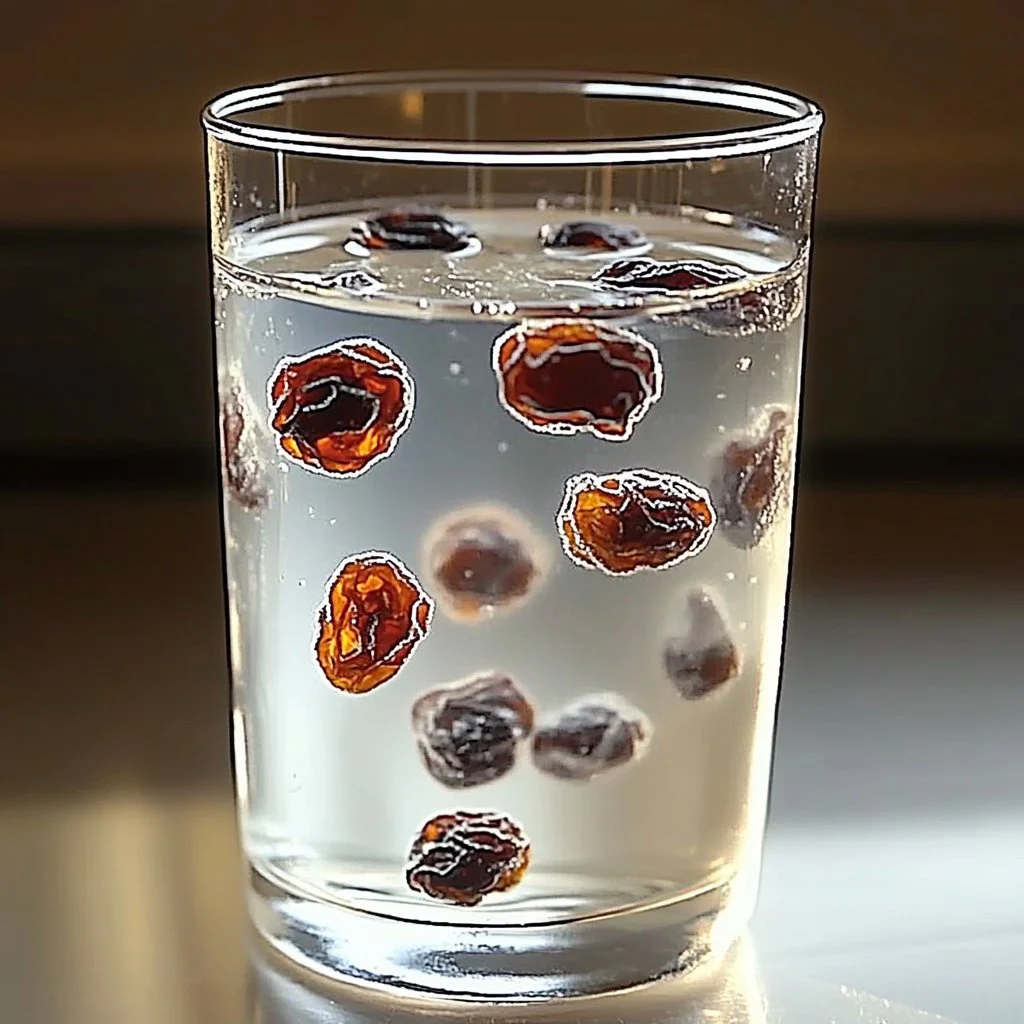 Dancing raisins in a clear soda demonstrating carbonation and buoyancy.