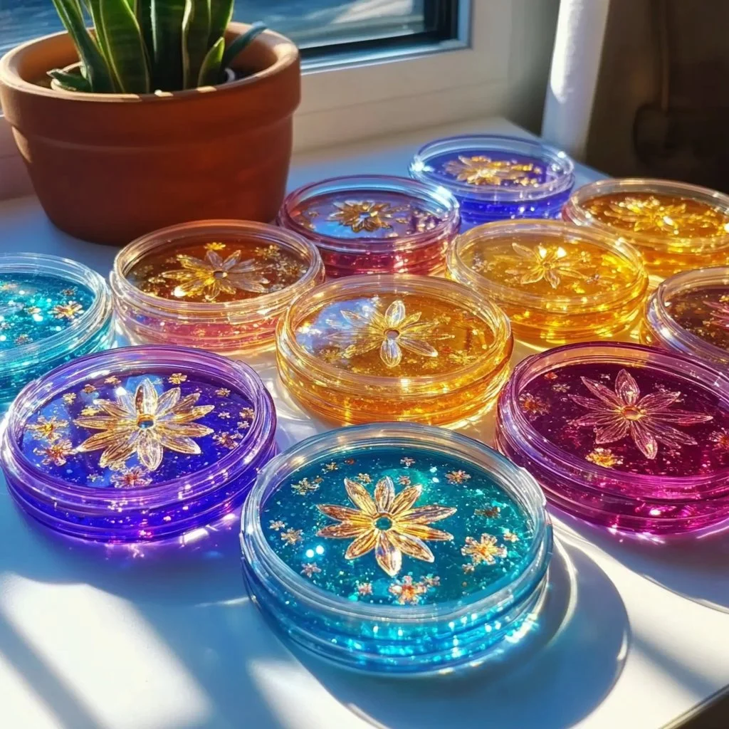 Colorful plastic lid suncatchers hanging in sunlight, adding beauty to any room.